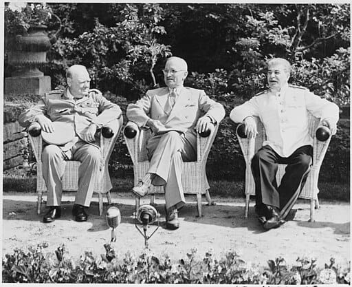 512px L to R British Prime Minister Winston Churchill President Harry S. Truman and Soviet leader Josef Stalin in the.   NARA   198958