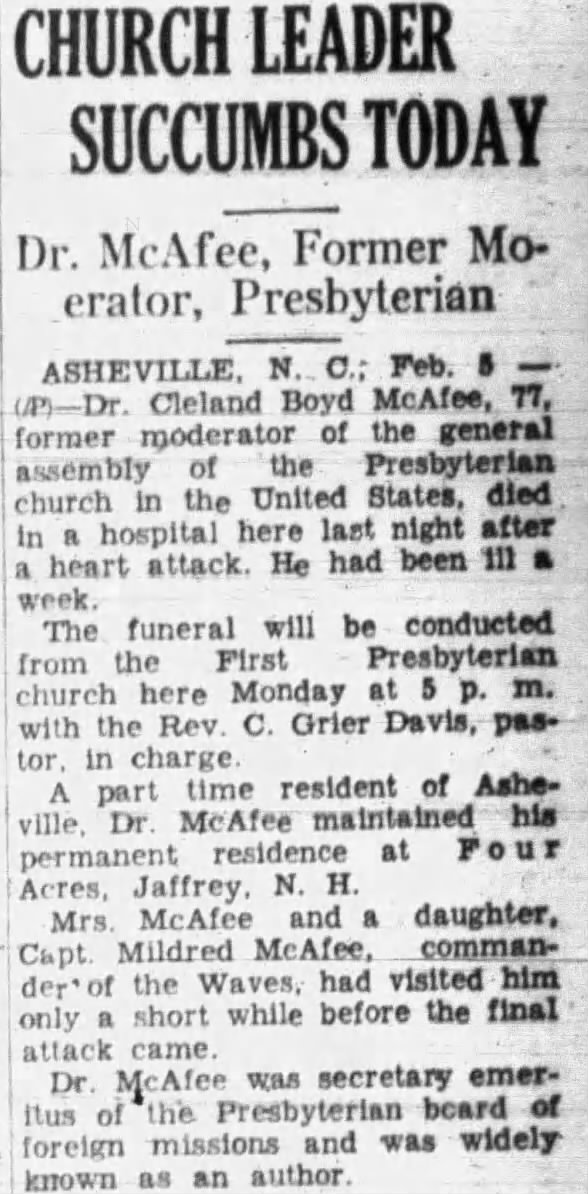 Cleland Boyd McAfee Obituary