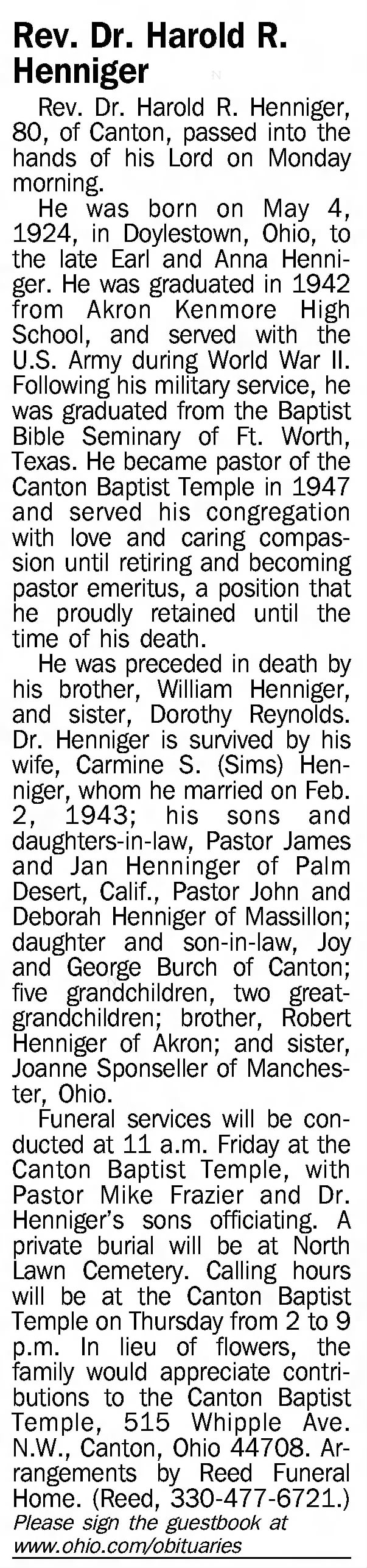 Henninger Obituary